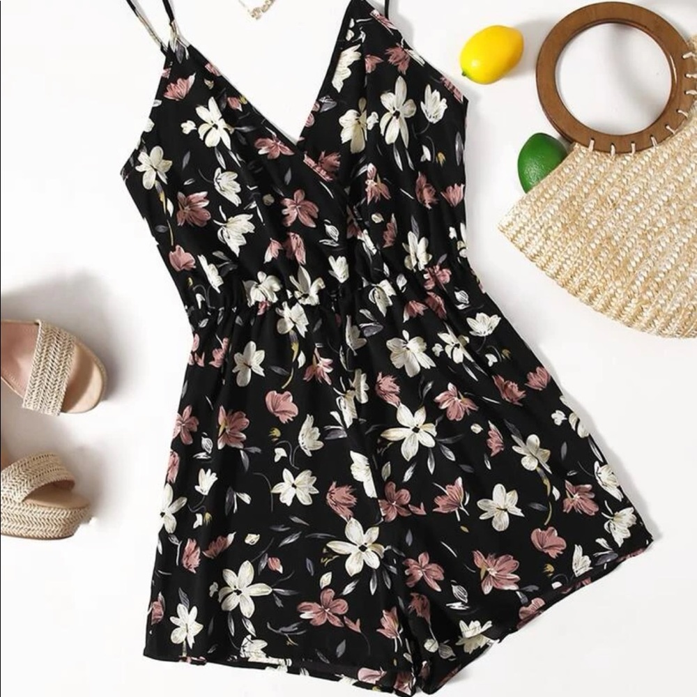 SHEIN Plus Floral Print Cami Romper Black